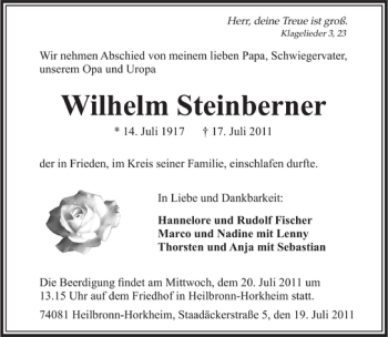 Traueranzeige von Wilhelm Steinberner 