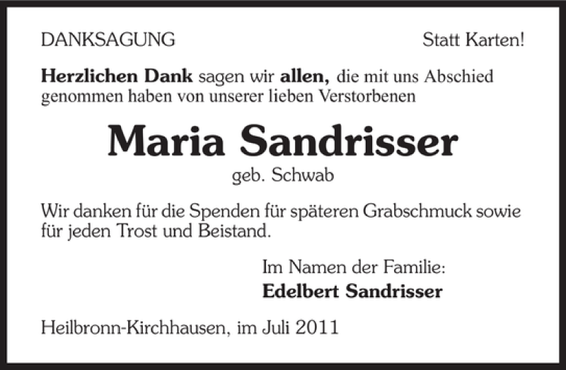  Traueranzeige für Maria Sandrisser vom 20.07.2011 aus 