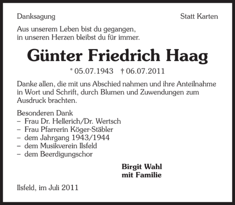 Traueranzeige für Günter Friedrich Haag vom 21.07.2011 aus 