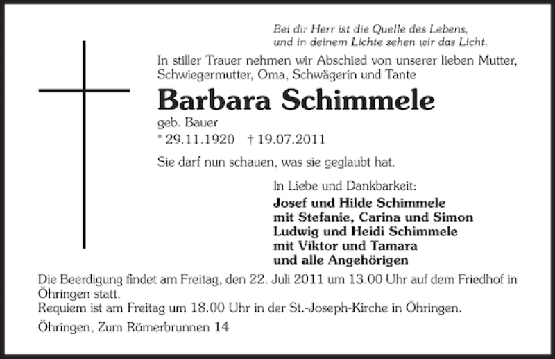  Traueranzeige für Barbara Schimmele vom 21.07.2011 aus 
