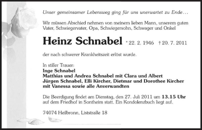  Traueranzeige für Heinz Schnabel vom 22.07.2011 aus 