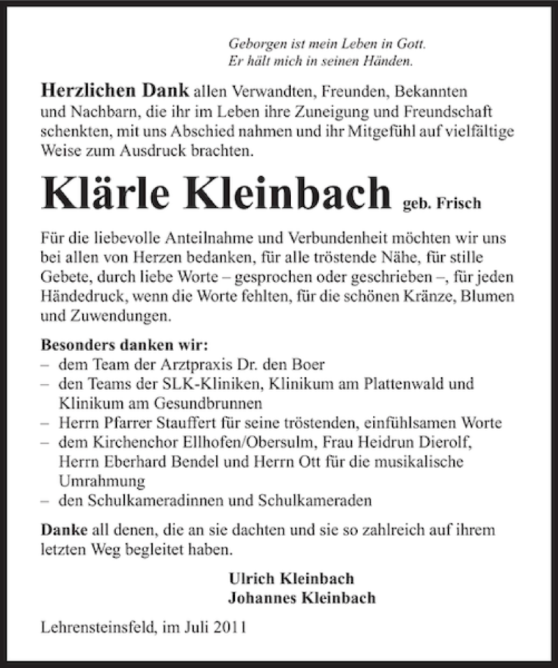  Traueranzeige für Klärle Kleinbach vom 23.07.2011 aus 