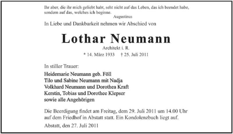  Traueranzeige für Lothar Neumann vom 27.07.2011 aus 