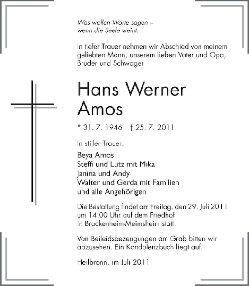  Traueranzeige für Hans Werner Amos vom 27.07.2011 aus 