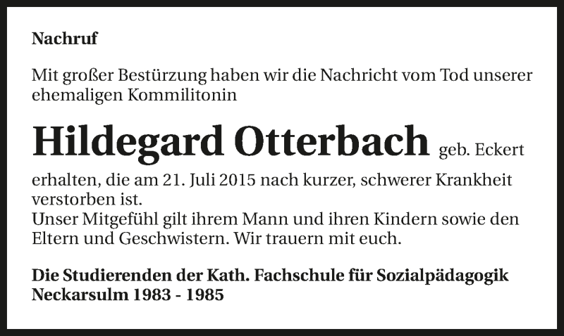  Traueranzeige für Hildegard Otterbach vom 01.08.2015 aus 