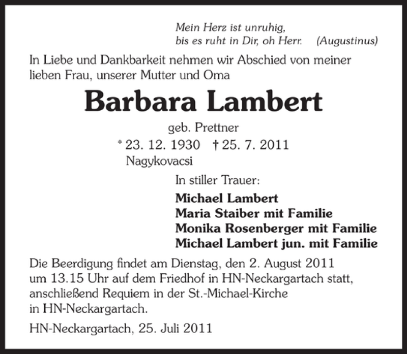  Traueranzeige für Barbara Lambert vom 30.07.2011 aus 