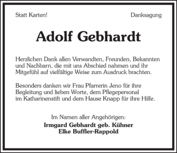 Traueranzeige von Adolf Gebhardt 