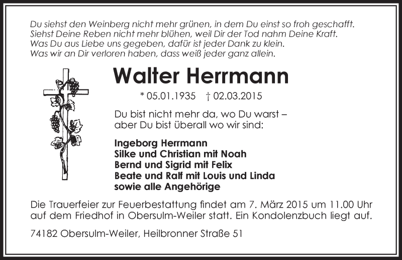  Traueranzeige für Walter Herrmann vom 05.03.2015 aus 