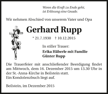 Traueranzeige von Gerhard Rupp 