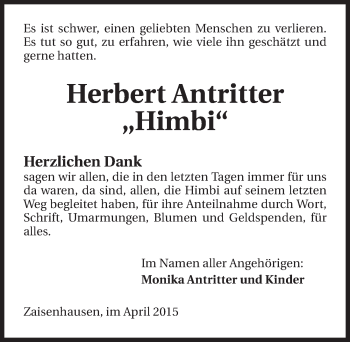 Traueranzeige von Herbert Antritter 