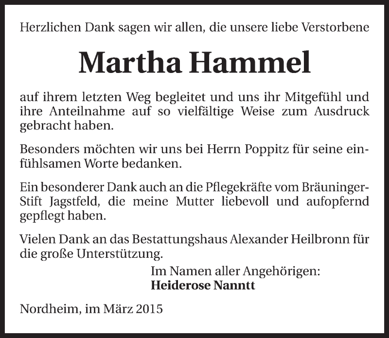  Traueranzeige für Martha Hammel vom 21.03.2015 aus 