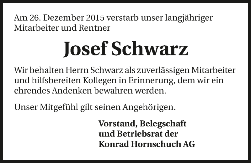  Traueranzeige für Josef Schwarz vom 07.01.2016 aus 