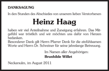Traueranzeige von Heinz Haag 