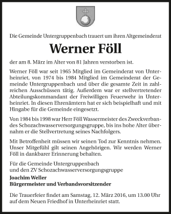 Traueranzeige von Werner Föll