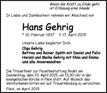 Traueranzeige von Hans Gehrig 