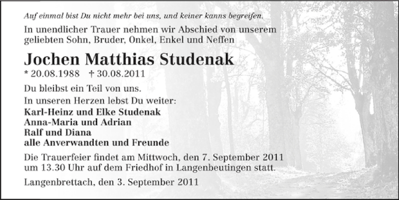  Traueranzeige für Jochen Matthias Studenak vom 03.09.2011 aus 