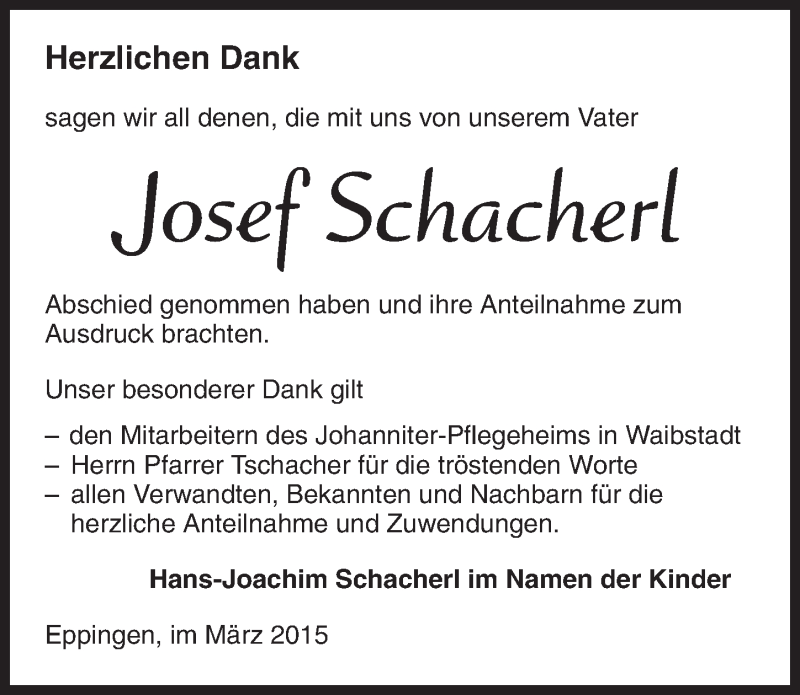  Traueranzeige für Josef Schacherl vom 14.03.2015 aus 