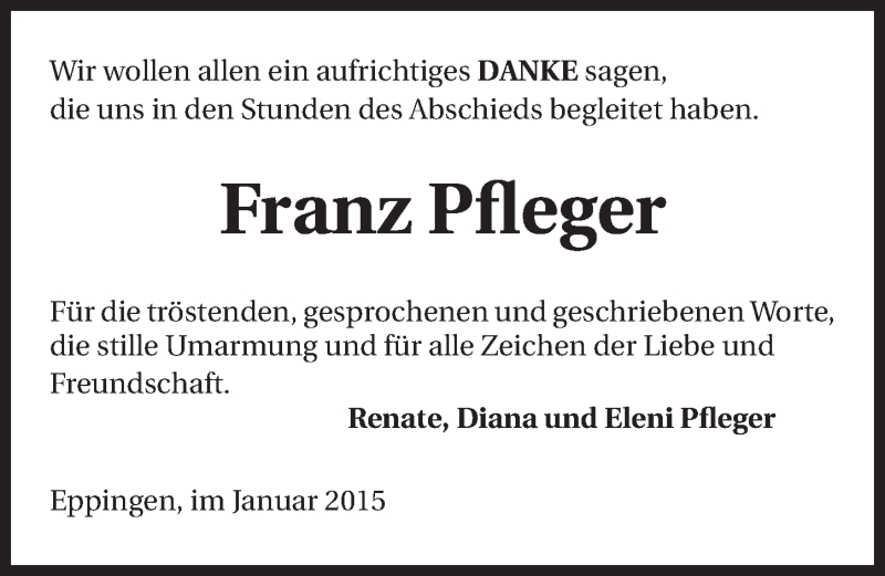  Traueranzeige für Franz Pfleger vom 12.01.2015 aus 