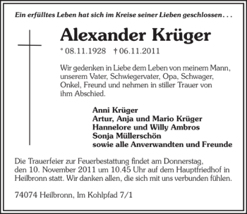 Traueranzeige von Alexander Krüger 