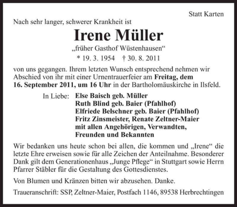  Traueranzeige für Irene Müller vom 13.09.2011 aus 