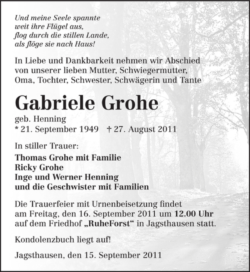  Traueranzeige für Gabriele Grohe vom 15.09.2011 aus 