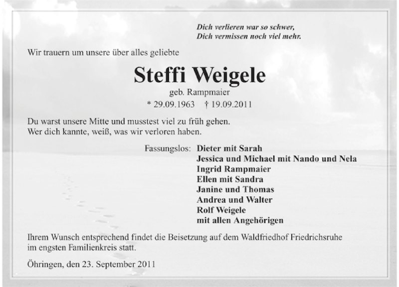  Traueranzeige für Steffi Weigele vom 23.09.2011 aus 