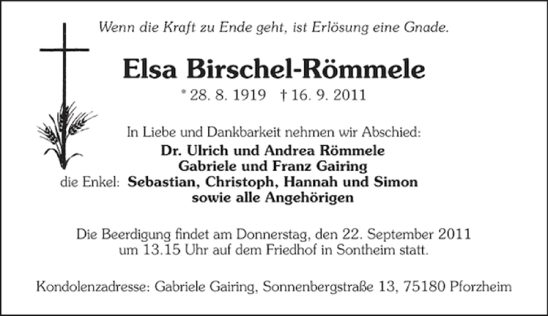  Traueranzeige für Elsa Birschel-Römmele vom 19.09.2011 aus 