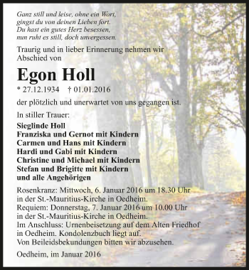 Traueranzeige von Egon Holl 