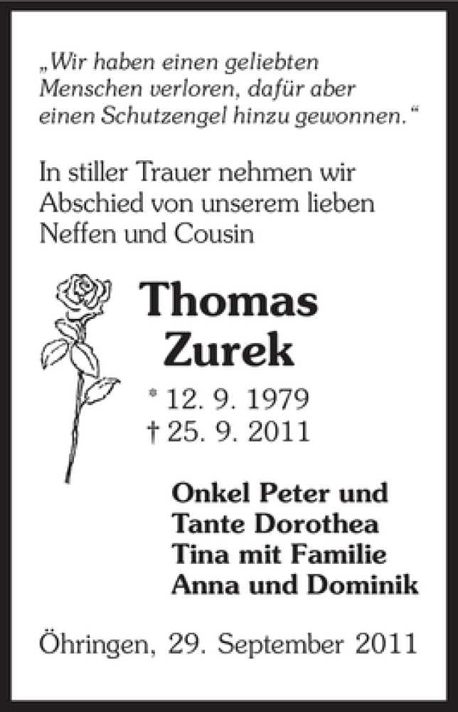  Traueranzeige für Thomas Zurek vom 29.09.2011 aus 