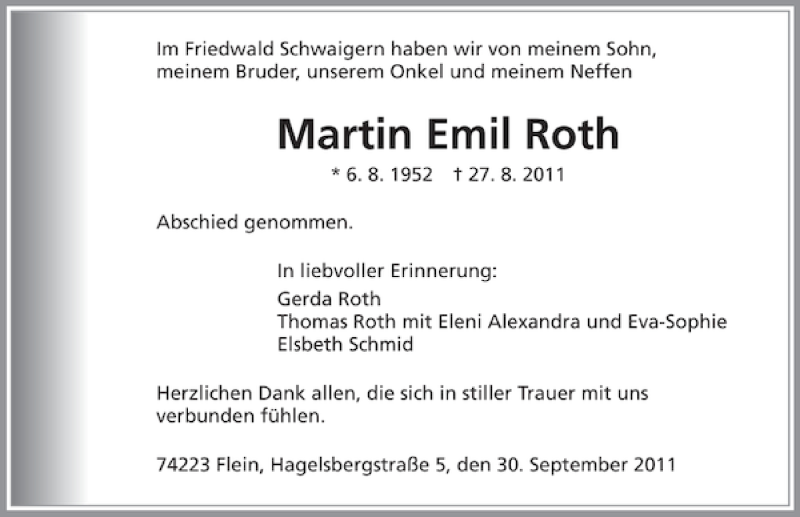  Traueranzeige für Martin Emil Roth vom 01.10.2011 aus 