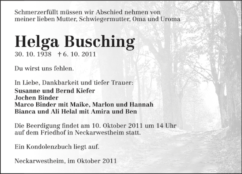  Traueranzeige für Helga Busching vom 08.10.2011 aus 