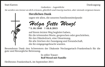 Traueranzeige von Helga Jette Wenzl 