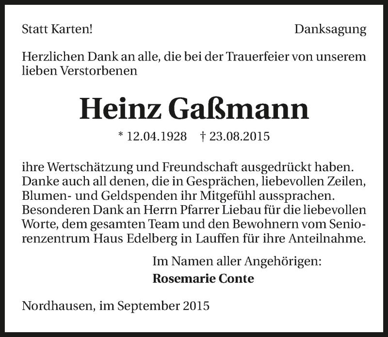  Traueranzeige für Heinz Gaßmann vom 16.09.2015 aus 