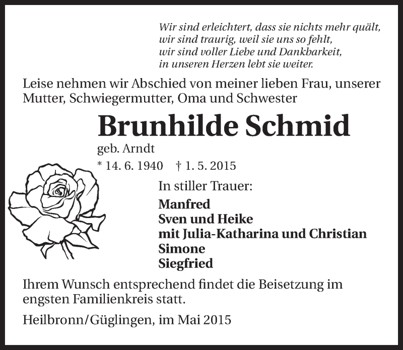  Traueranzeige für Brunhilde Schmid vom 05.05.2015 aus 