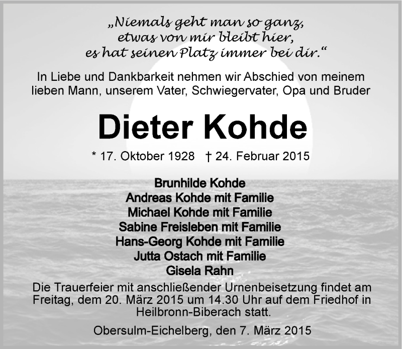  Traueranzeige für Dieter Kohde vom 07.03.2015 aus 