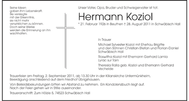  Traueranzeige für Hermann Koziol vom 30.08.2011 aus 