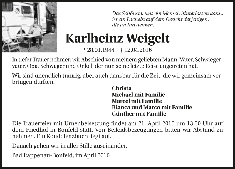  Traueranzeige für Karlheinz Weigelt vom 16.04.2016 aus 