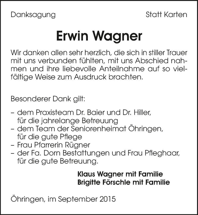  Traueranzeige für Erwin Wagner vom 11.09.2015 aus 