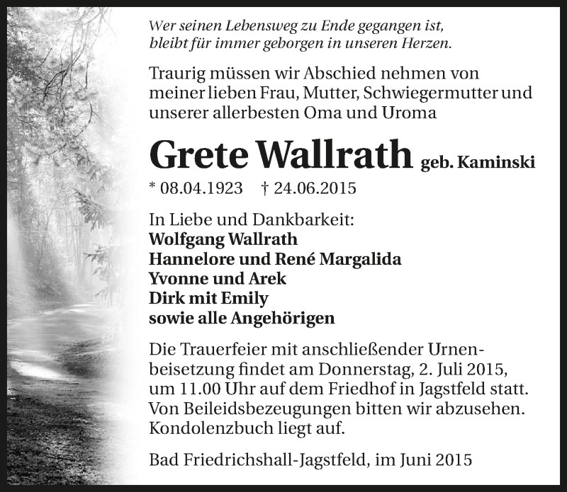  Traueranzeige für Grete Wallrath vom 29.06.2015 aus 