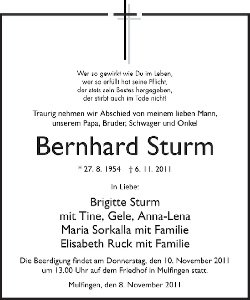  Traueranzeige für Bernhard Sturm vom 08.11.2011 aus 