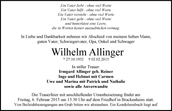 Traueranzeige von Wilhelm Allinger 