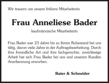 Traueranzeige von Frau Anneliese Bader 