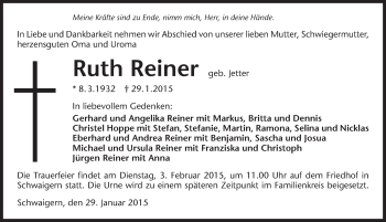 Traueranzeige von Ruth Reiner 