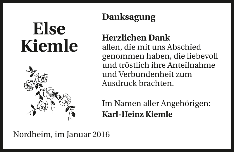  Traueranzeige für Else Kiemle vom 21.01.2016 aus 