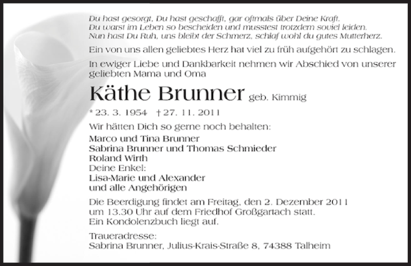  Traueranzeige für Käthe Brunner vom 30.11.2011 aus 