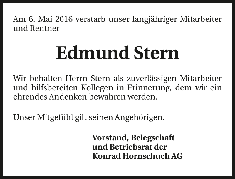  Traueranzeige für Edmund Stern vom 12.05.2016 aus 
