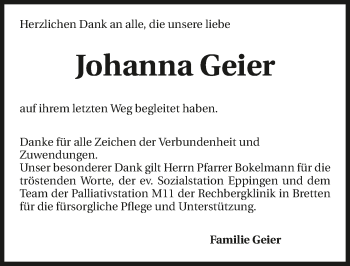 Traueranzeige von Johanna Geier 