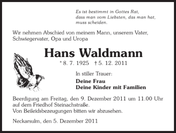 Traueranzeige von Hans Waldmann 