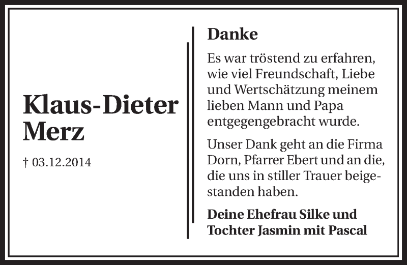  Traueranzeige für Klaus-Dieter Merz vom 03.01.2015 aus 