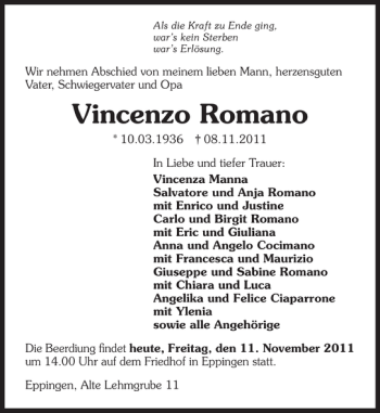 Traueranzeige von Vincenzo Romano 